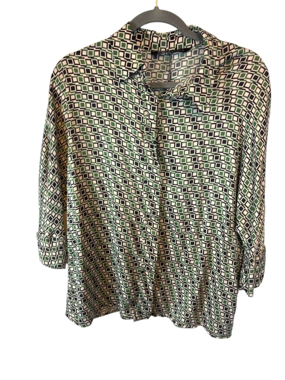 Zara Green Cream Black Geometric Button-Down Shirt retro Size Small